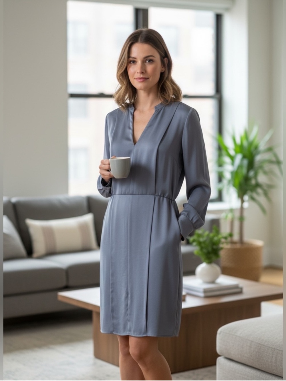 BCBGMaxAzria contemporary grey long sleeve pullover elastic waist dress medium